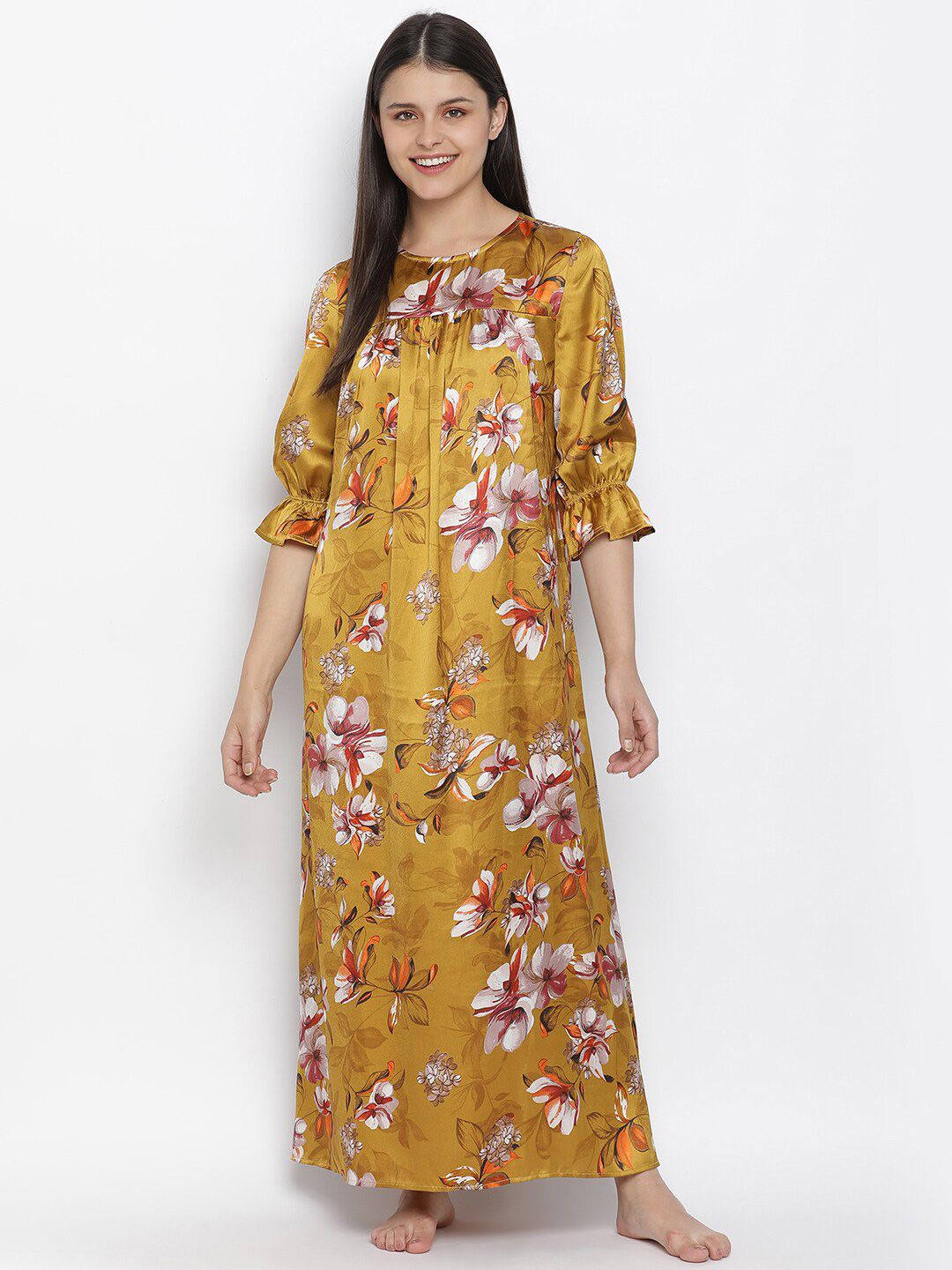 Oxolloxo Mustard Printed Maxi Nightdress-picture-33