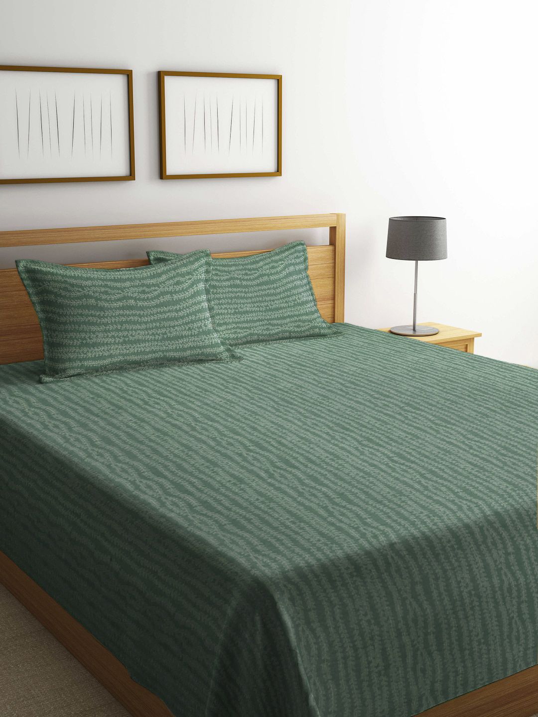 KLOTTHE Green Floral Printed Pure Cotton Woven Double Bed Cover With 2 Pillow Covers-image-10
