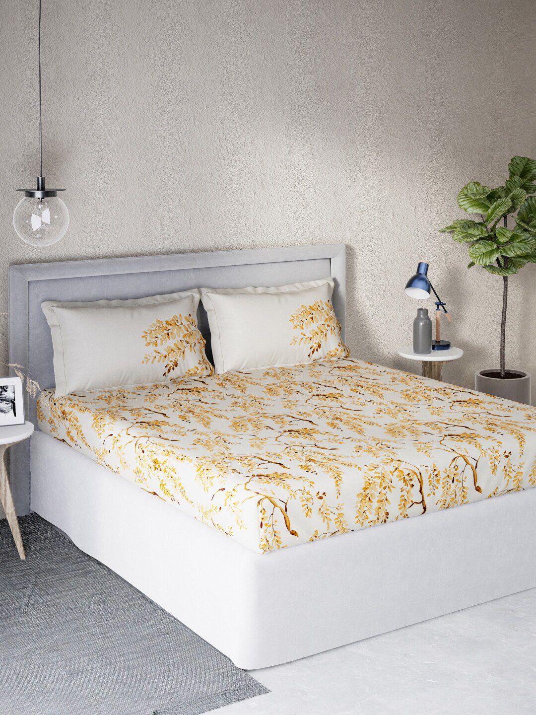 DDecor Off White & Yellow Floral 140 TC Cotton Queen Bedsheet with 2 Pillow Covers-image-18