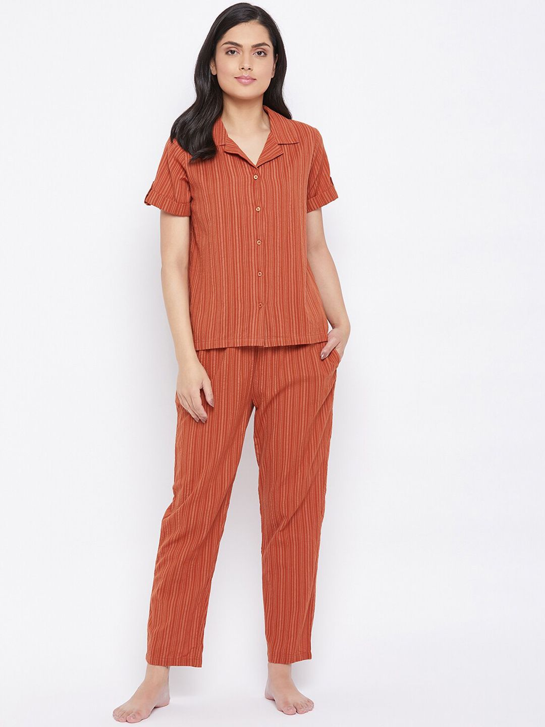 Clovia Women Brown Striped Night suit-picture-23
