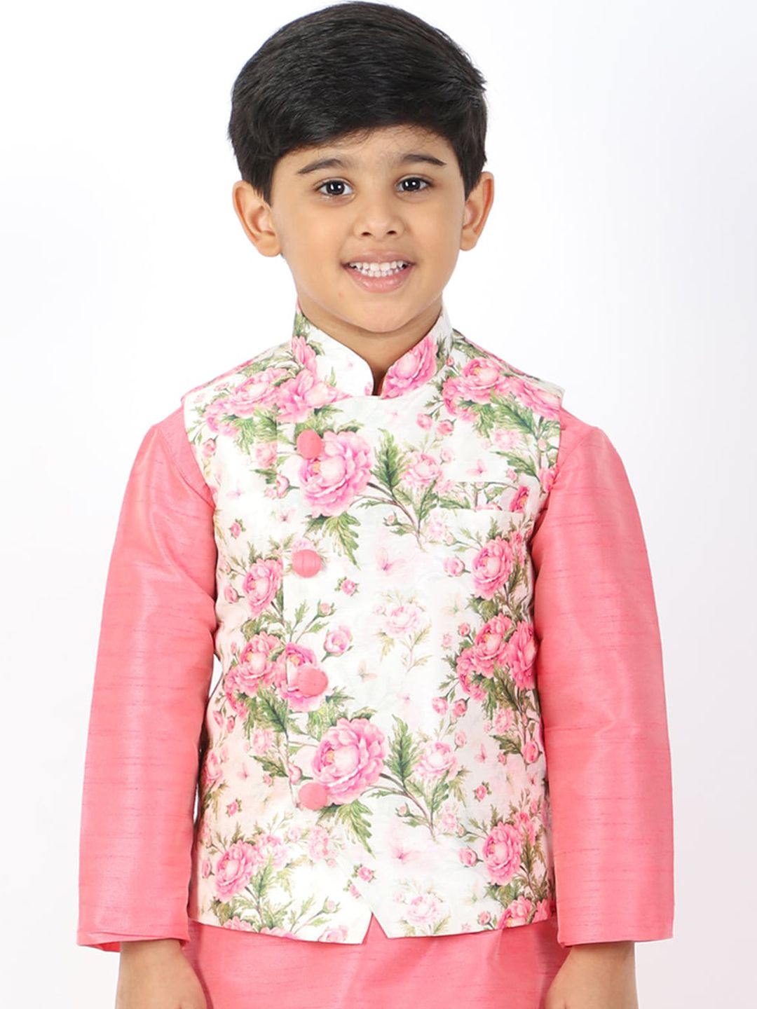 VASTRAMAY Boys White & Pink Digital Floral Printed Slim-Fit Woven Nehru Jacket-image-7