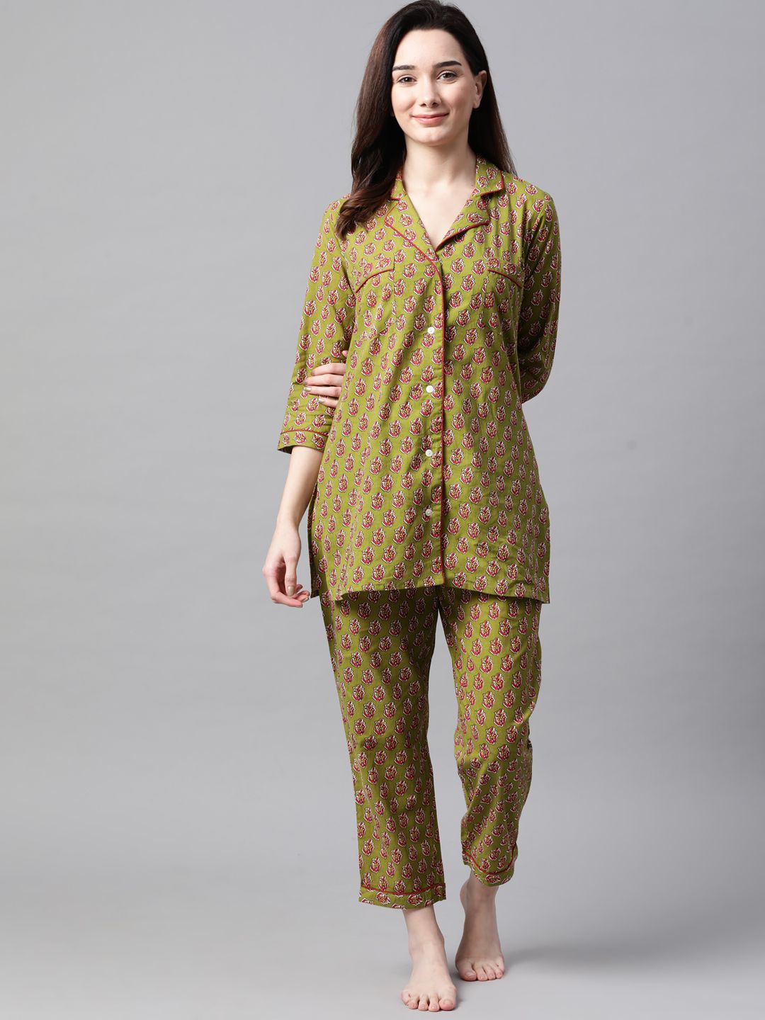 Meeranshi Women Olive Green & Red Pure Cotton Printed Nightsuit-picture-25