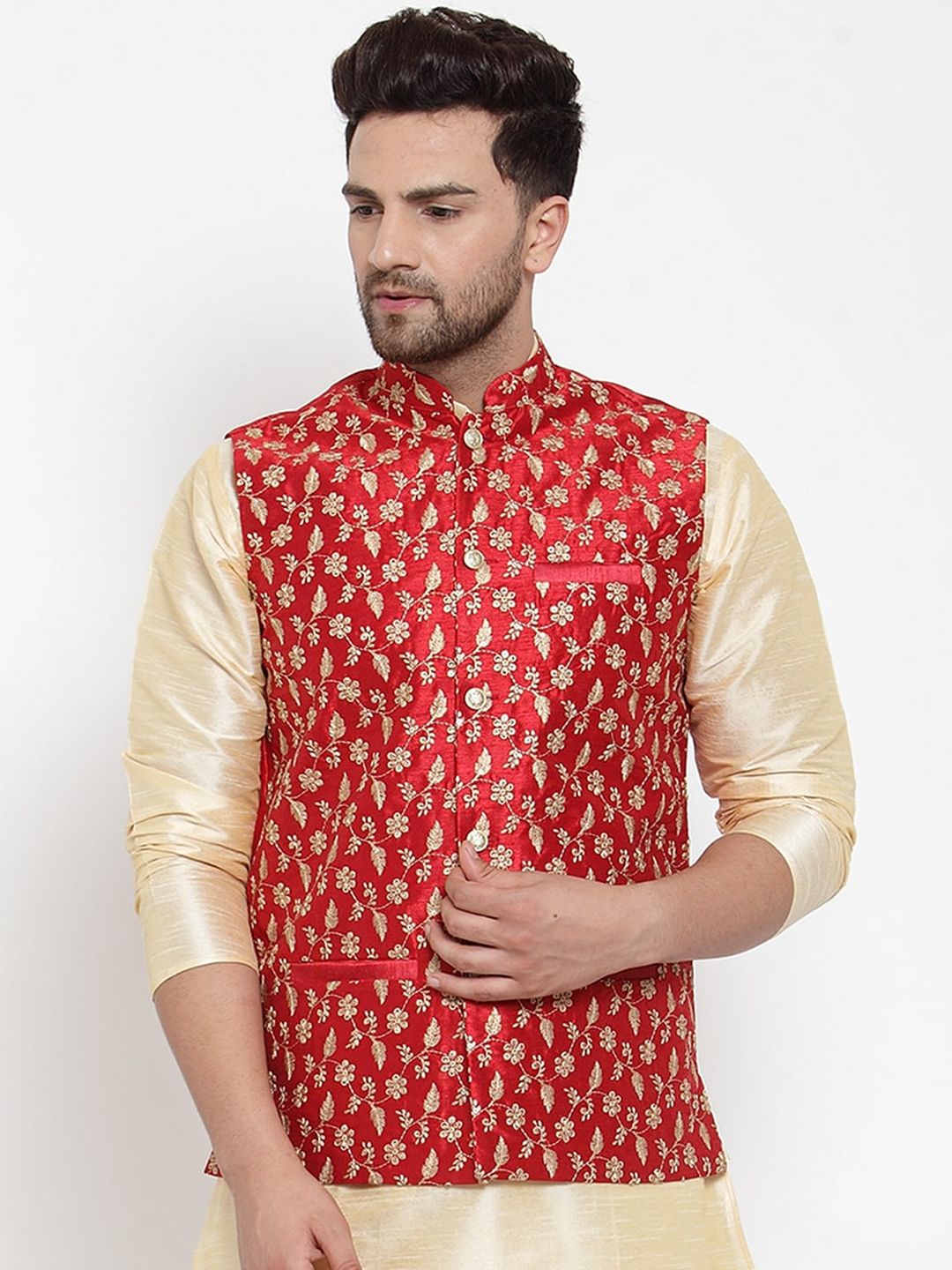 KRAFT INDIA Men Red & Gold-Coloured Woven Embroidered Nehrujacket-picture-33