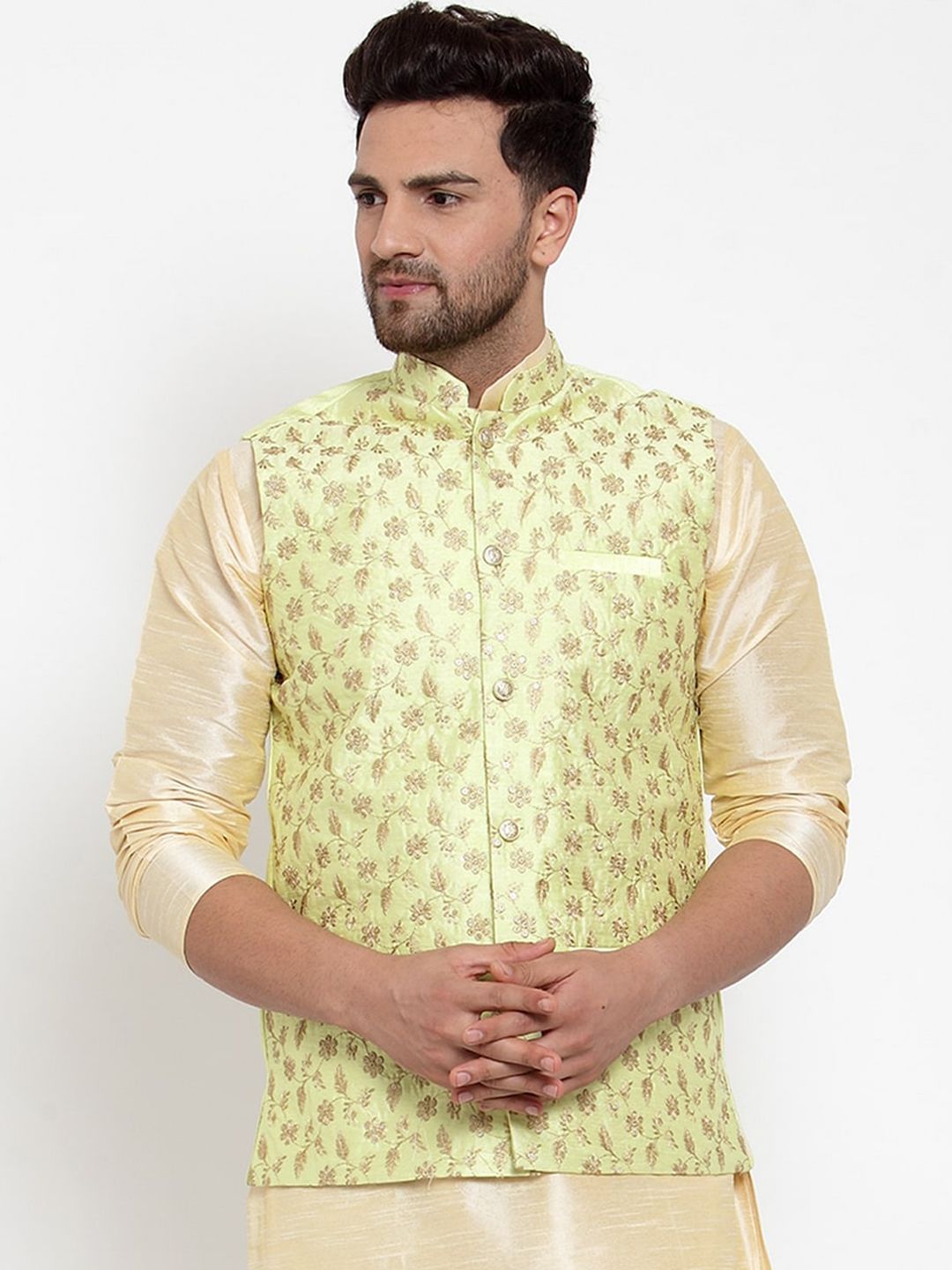 KRAFT INDIA Men Lime Green & Gold-Toned Embroidered Nehru Jacket-picture-34