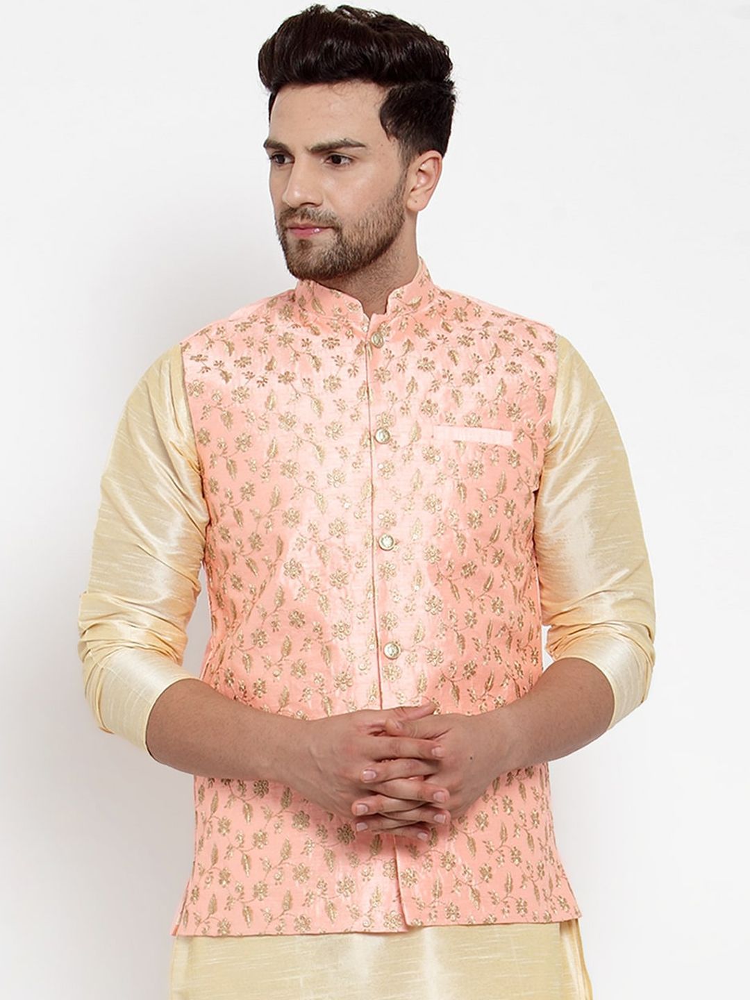 KRAFT INDIA Men Peach-Coloured & Gold-Coloured Woven Embroidered Nehrujacket-picture-37