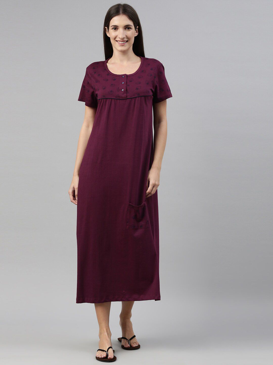 Kryptic Burgundy Printed Pure Cotton Maxi Nightdress-image-26