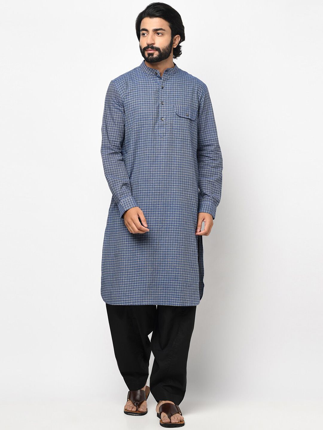 Fabindia Men Blue Geometric Checked Kurta-picture-37