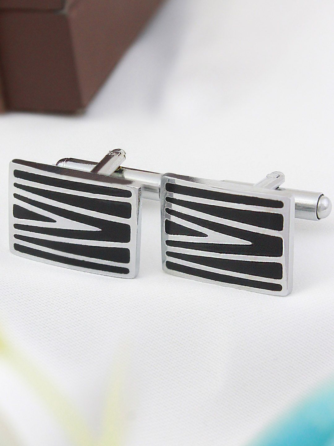 kavove KOVOVE Men Black & Silver-Toned Geometric Textured Rectangle Cufflinks-picture-14