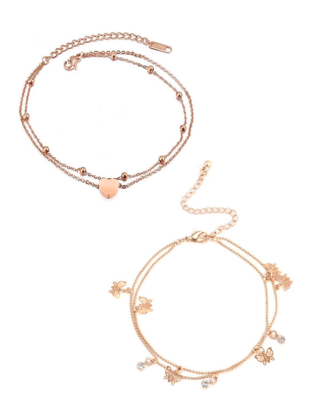 OOMPH Women Set of 2 Gold Tone Layered Butterfly & Heart Anklets-picture-32