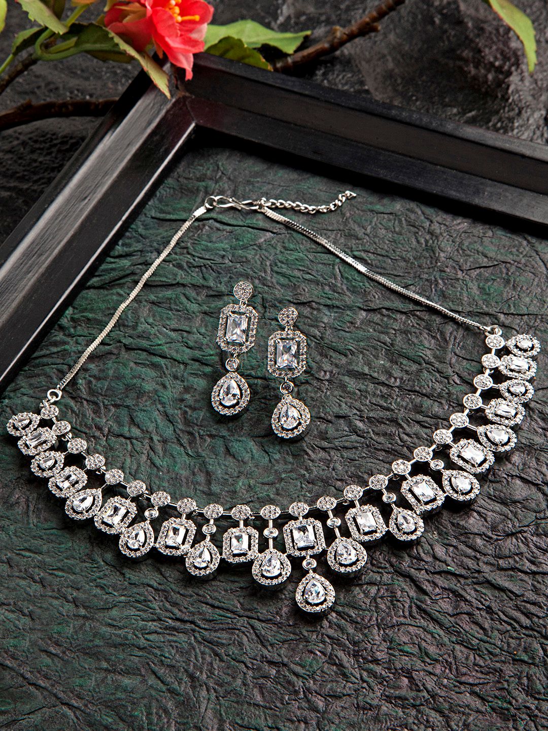KARATCART Silver-Plated White American Diamond & Cubic Zirconia Studded Handcrafted Jewellery Set
