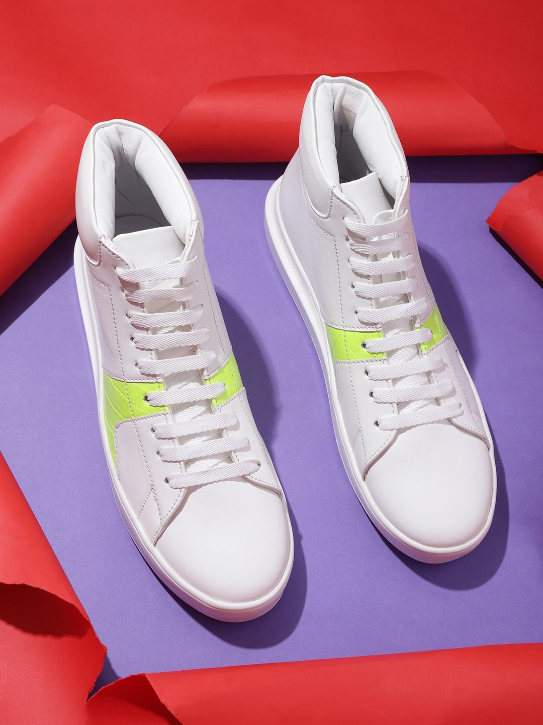 Kook N Keech Women White & Fluorescent Green Mid-Top Colourblocked Sneakers-picture-27