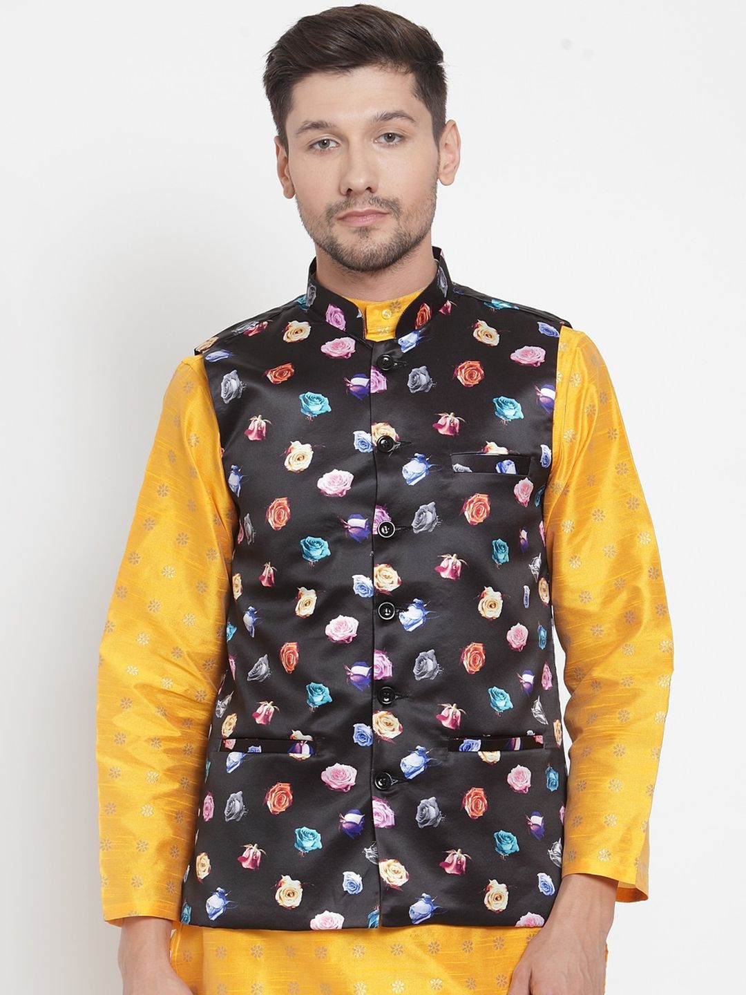 KLOTTHE Men Black & Blue Floral Printed Satin Nehru Jacket-picture-27