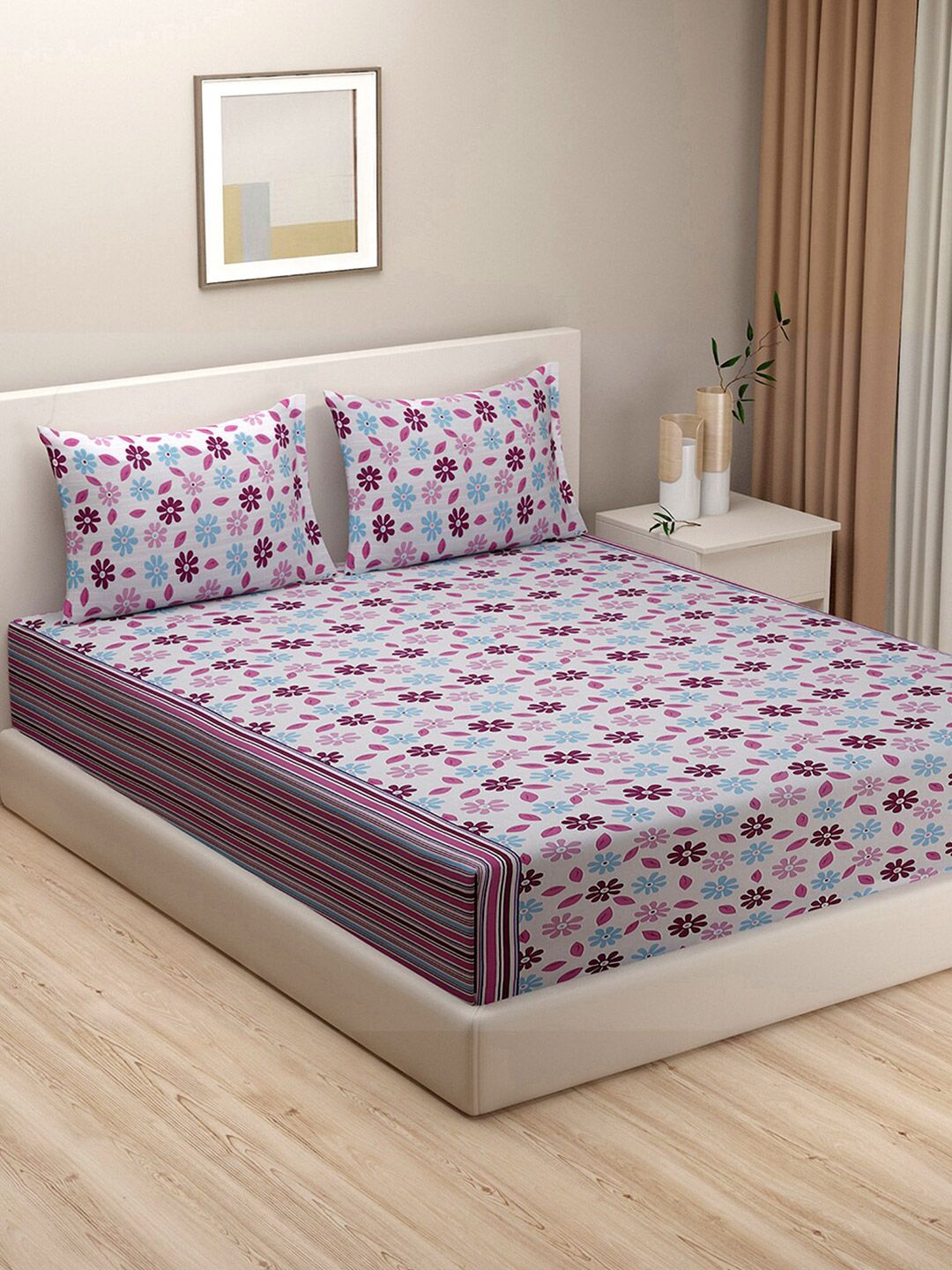 SWAYAM White & Brown Floral 144 TC King Bedsheet with 2 Pillow Covers-picture-22