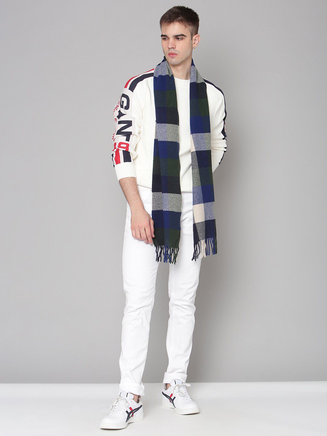 GANT Men Navy Blue & Grey Checked Scarf-picture-19