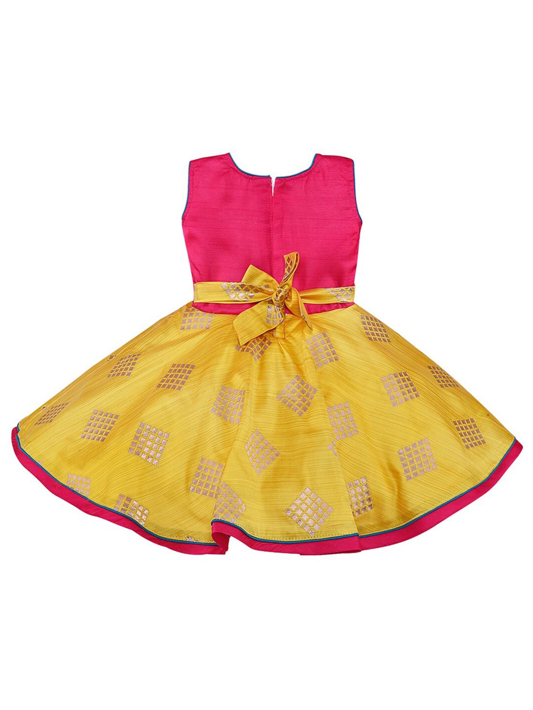 Wish Karo Pink & Yellow Embellished Satin Fit & Flared Dress-picture-16