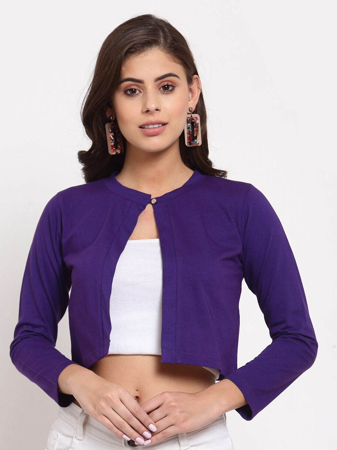Style Quotient Women Purple Solid Open Front Shrug with Button-picture-12