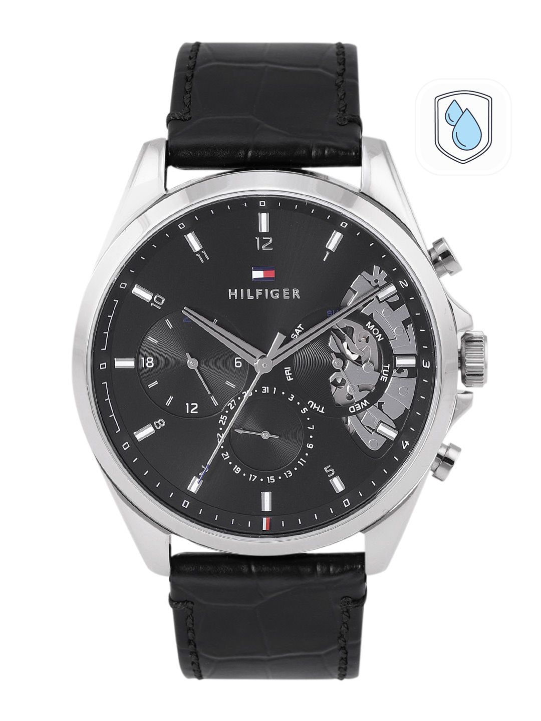 Tommy Hilfiger Men Black Dial & Textured Leather Straps Analogue Chronograph Watch