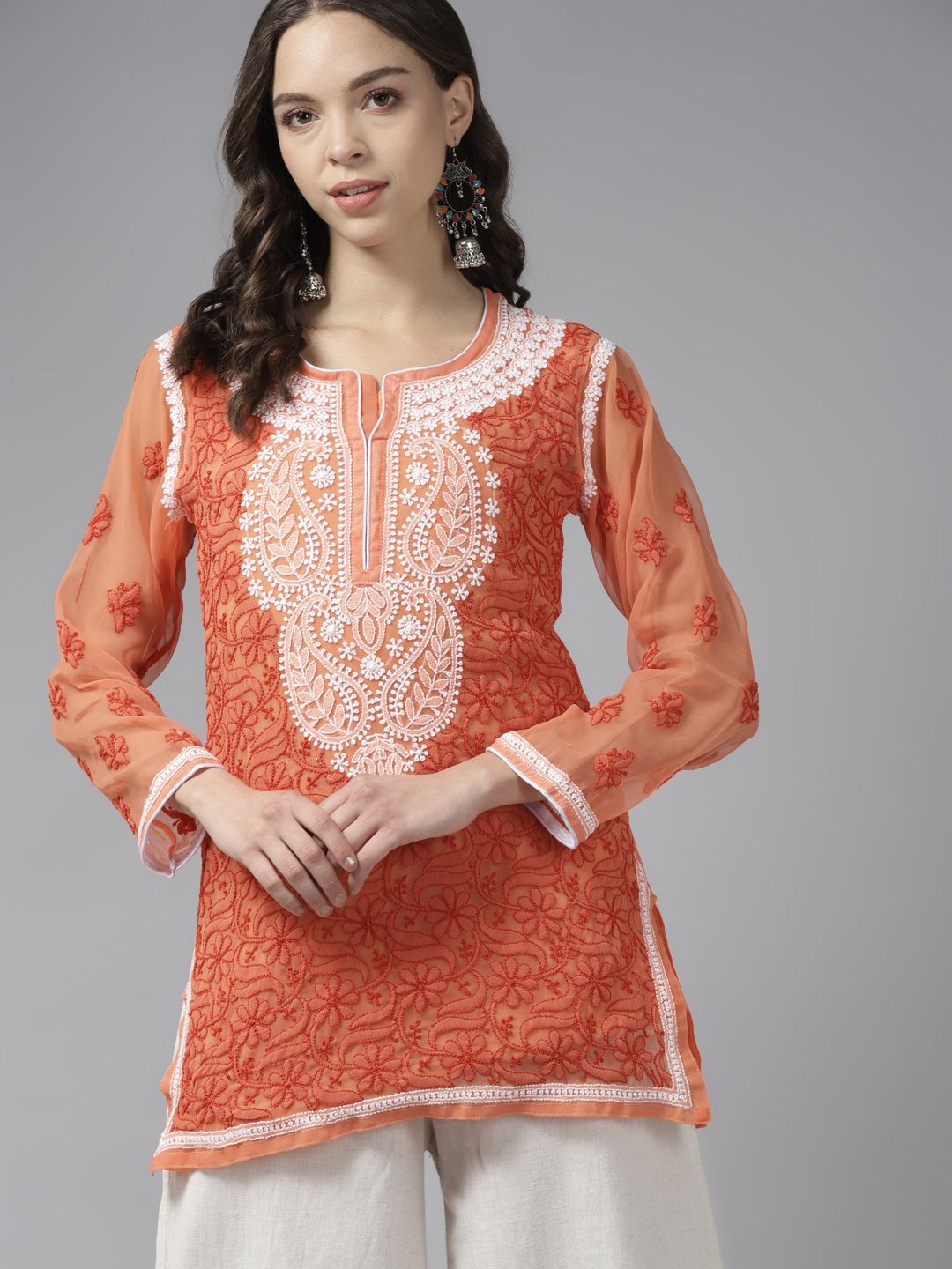 ADA Rust & White Ethnic Motifs Embroidered Chikankari Handloom Kurti with Matching Slip-picture-34