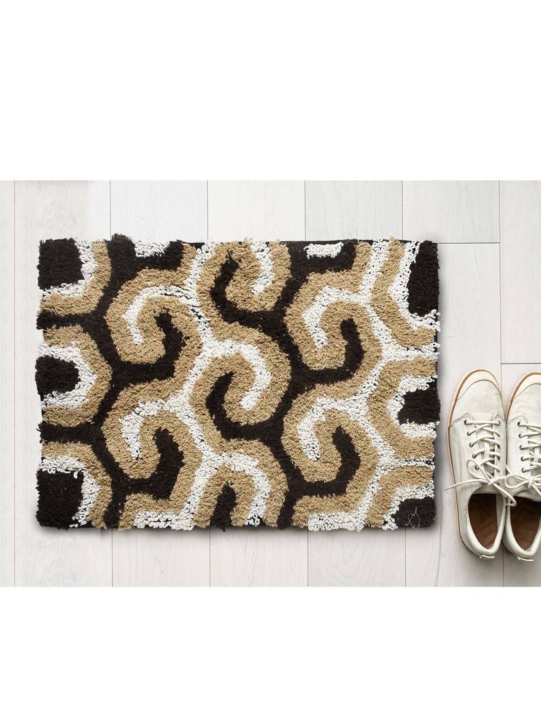 AAZEEM Brown & White Cotton Anti Skid Rectangle Doormat-picture-46