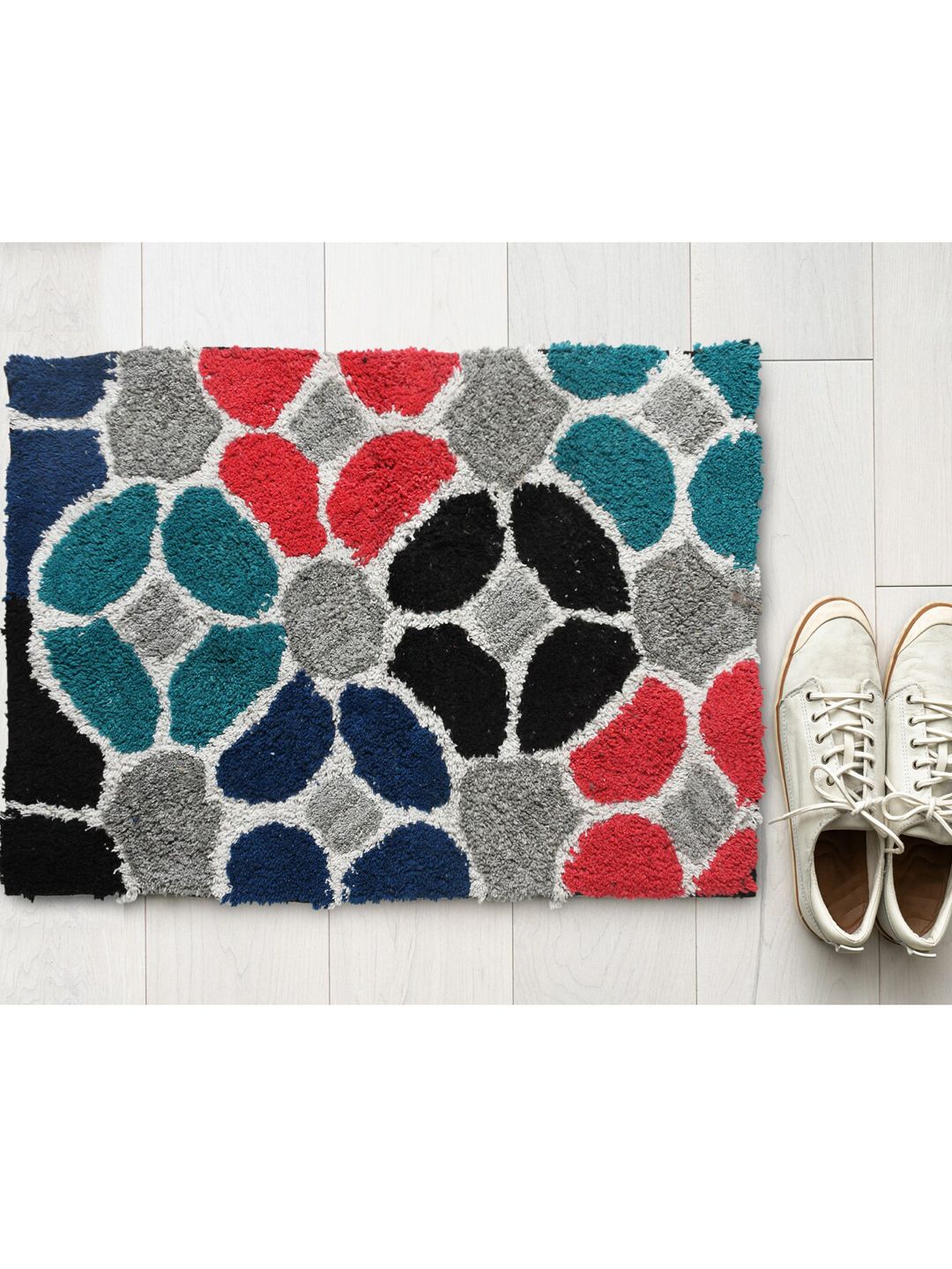 AAZEEM Teal & Grey Cotton Anti Skid Rectangle Doormat-image-3