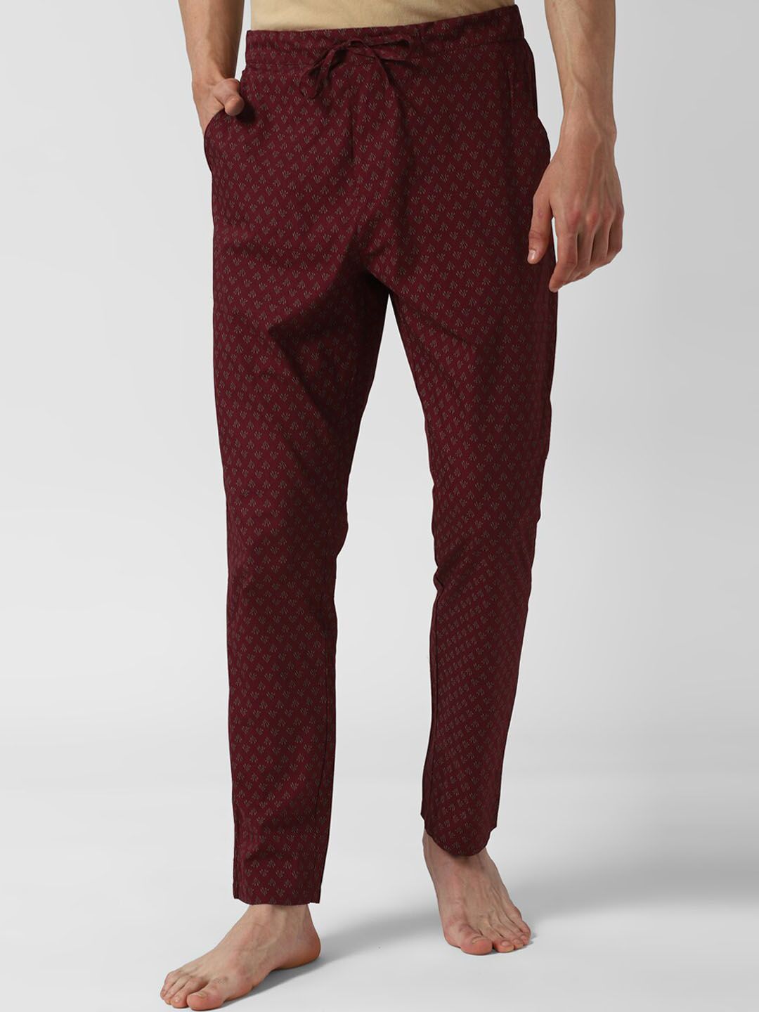 Peter England Men Maroon & Grey Printed Pure Cotton Loose-Fit Lounge Pants-picture-14