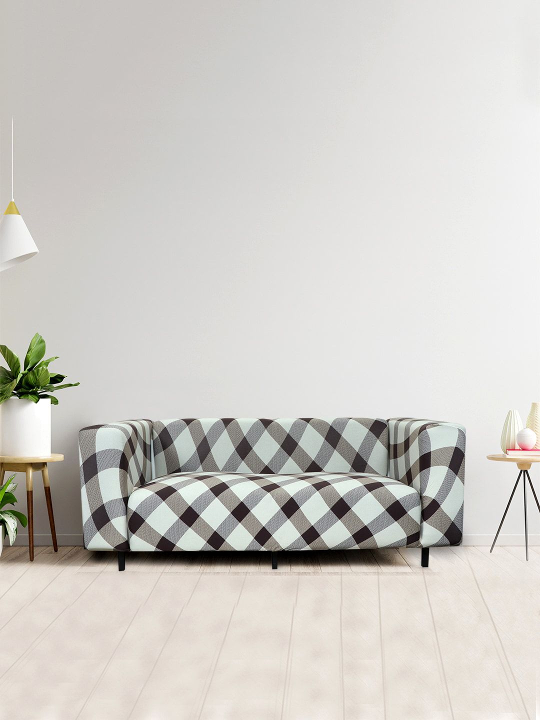 HOUSE OF QUIRK Brown & White Checked 1-Seater Stretchable Non-Slip Sofa Covers-image-24