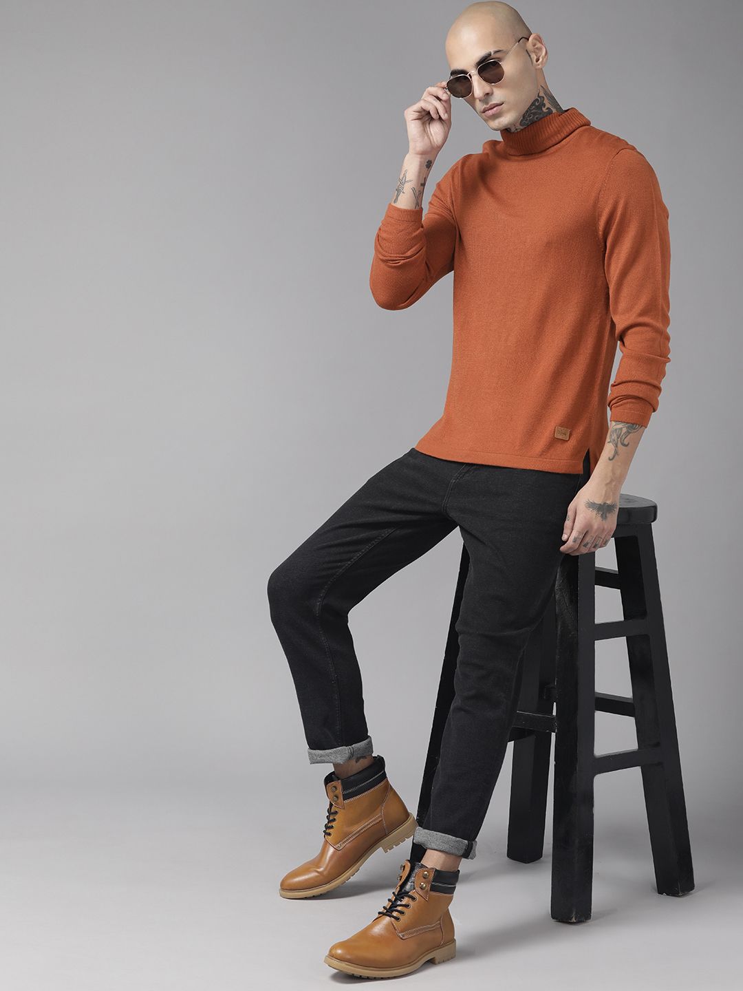 The Roadster Lifestyle Co. Men Rust Brown Solid Acrylic Turtle Neck Pullover