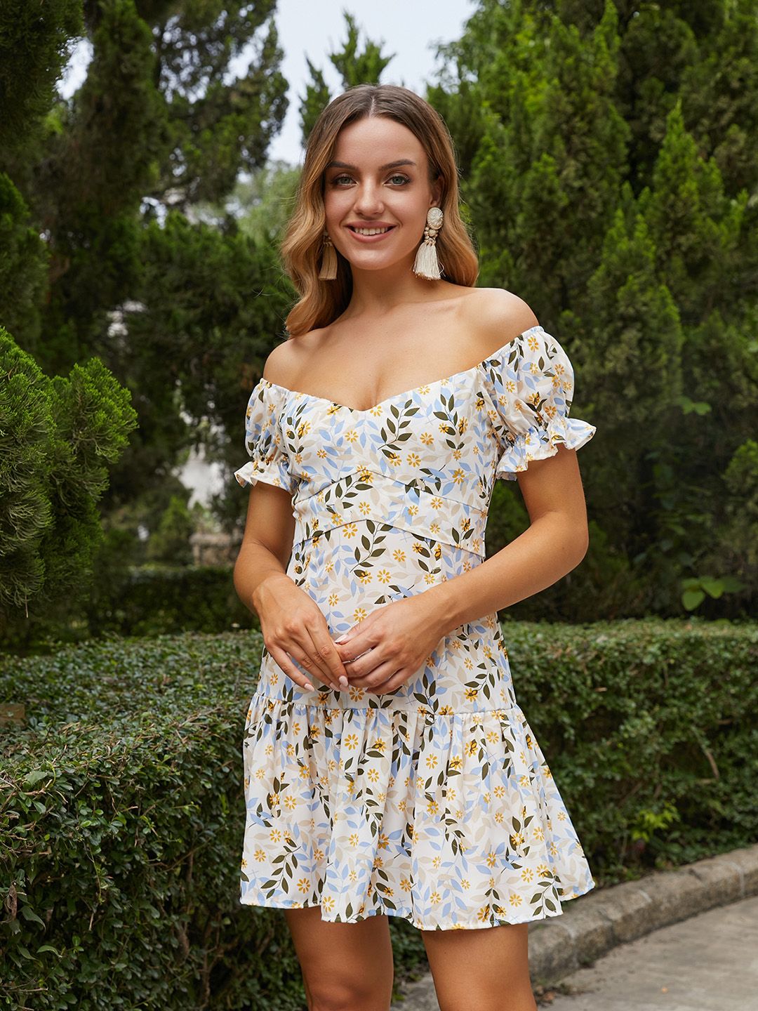 URBANIC White & Olive Green Floral Off-Shoulder A-Line Dress