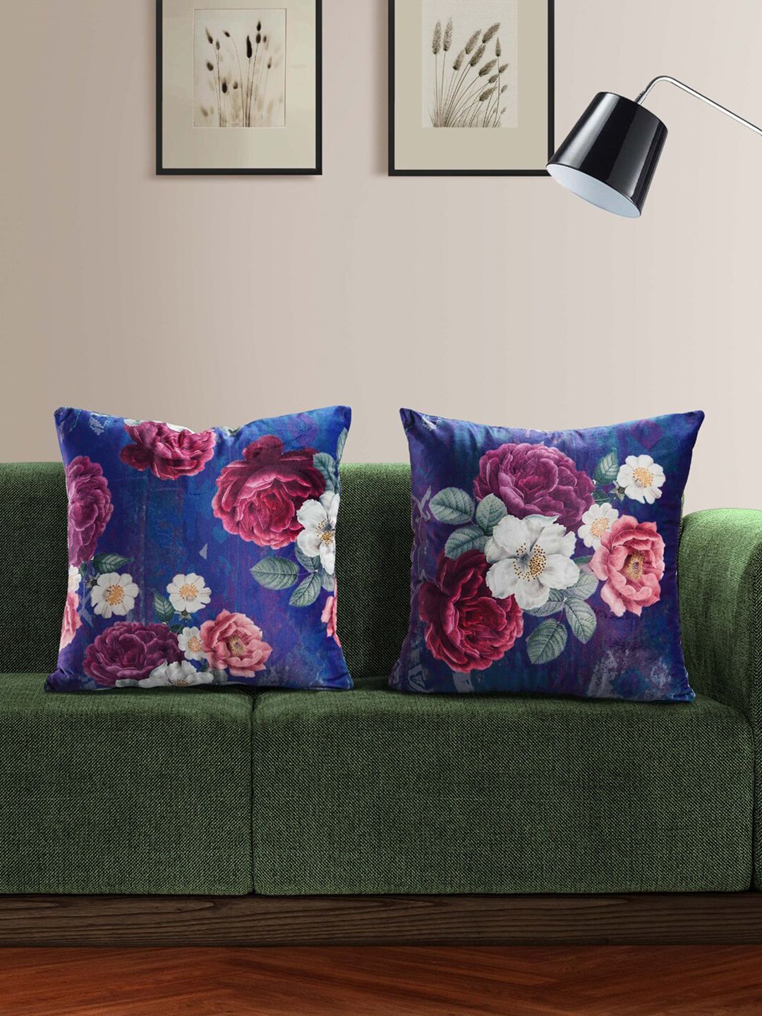 SWAYAM Blue & Purple Set of 2 Ethnic Motifs Velvet Square Cushion Covers-picture-14