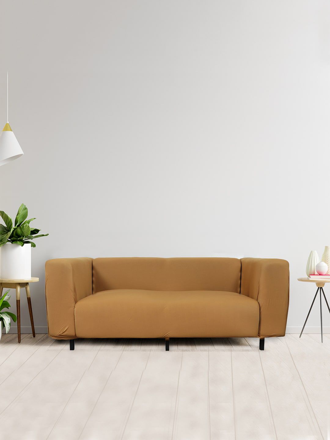 HOUSE OF QUIRK Tan Solid 2-Seater Stretchable Non-Slip Sofa Slipcover-picture-15