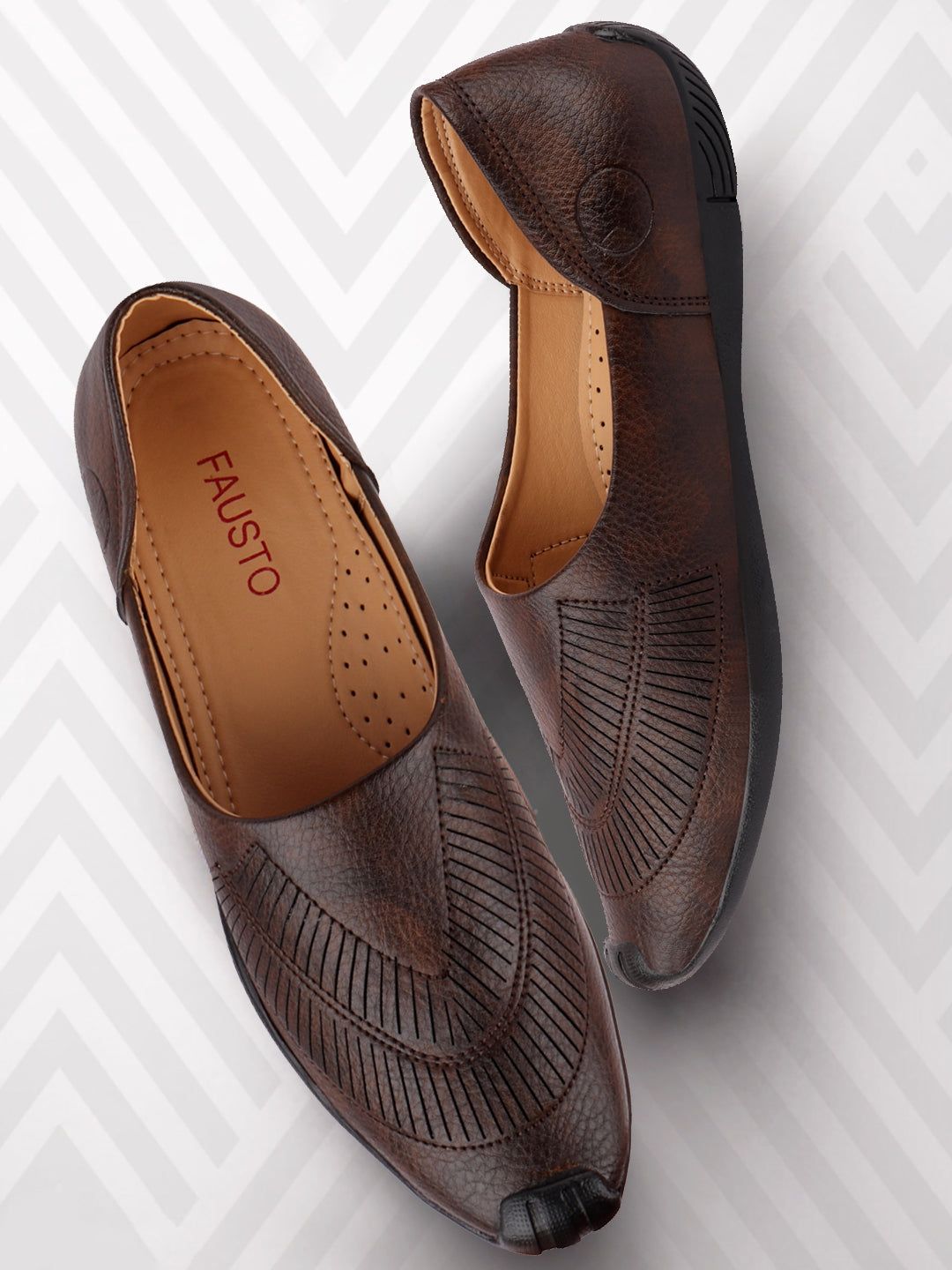 FAUSTO Men Brown Textured PU Mojaris-picture-25