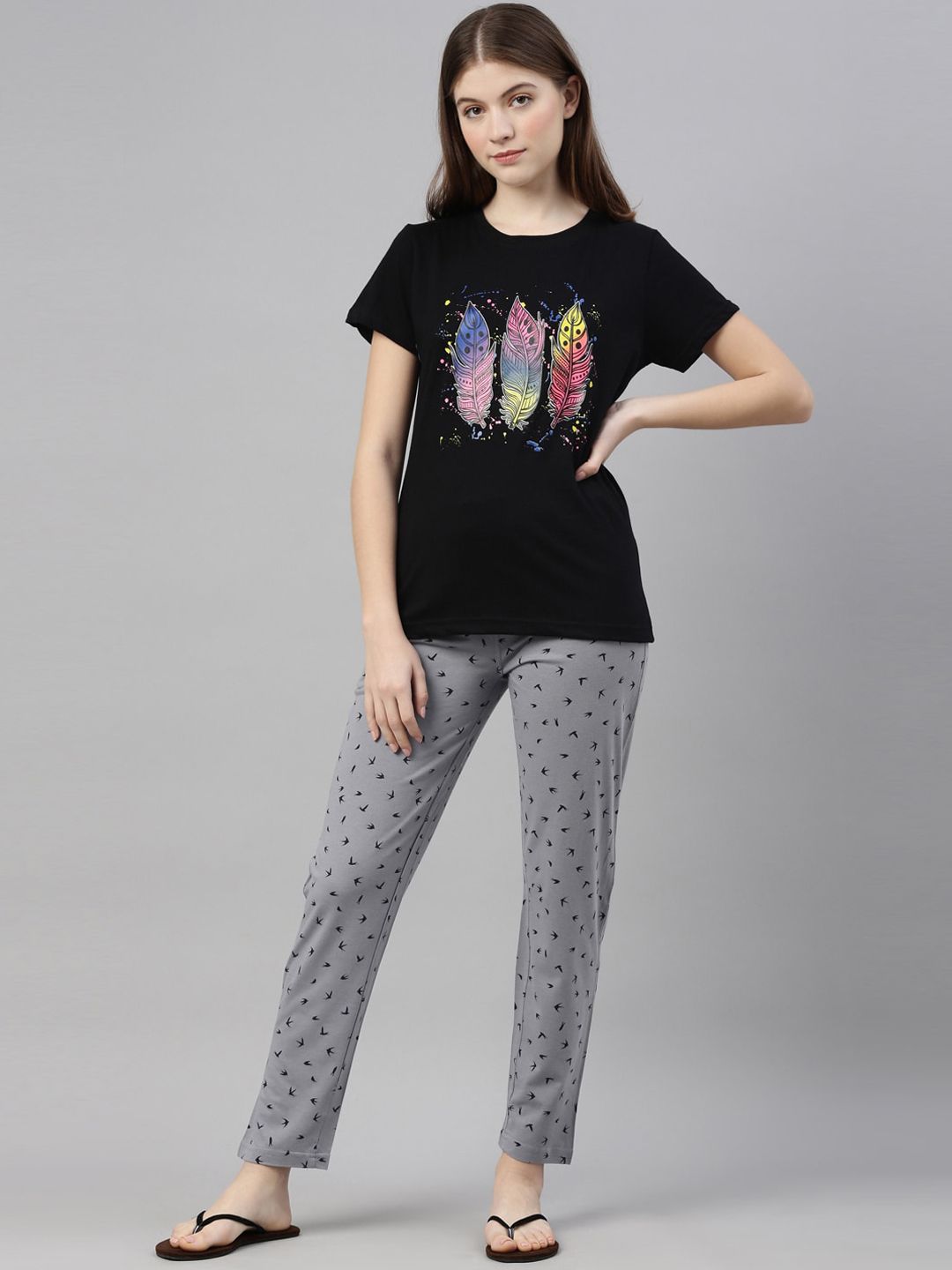 Kryptic Women Black & Grey Printed Pure Cotton Night suit-image-37