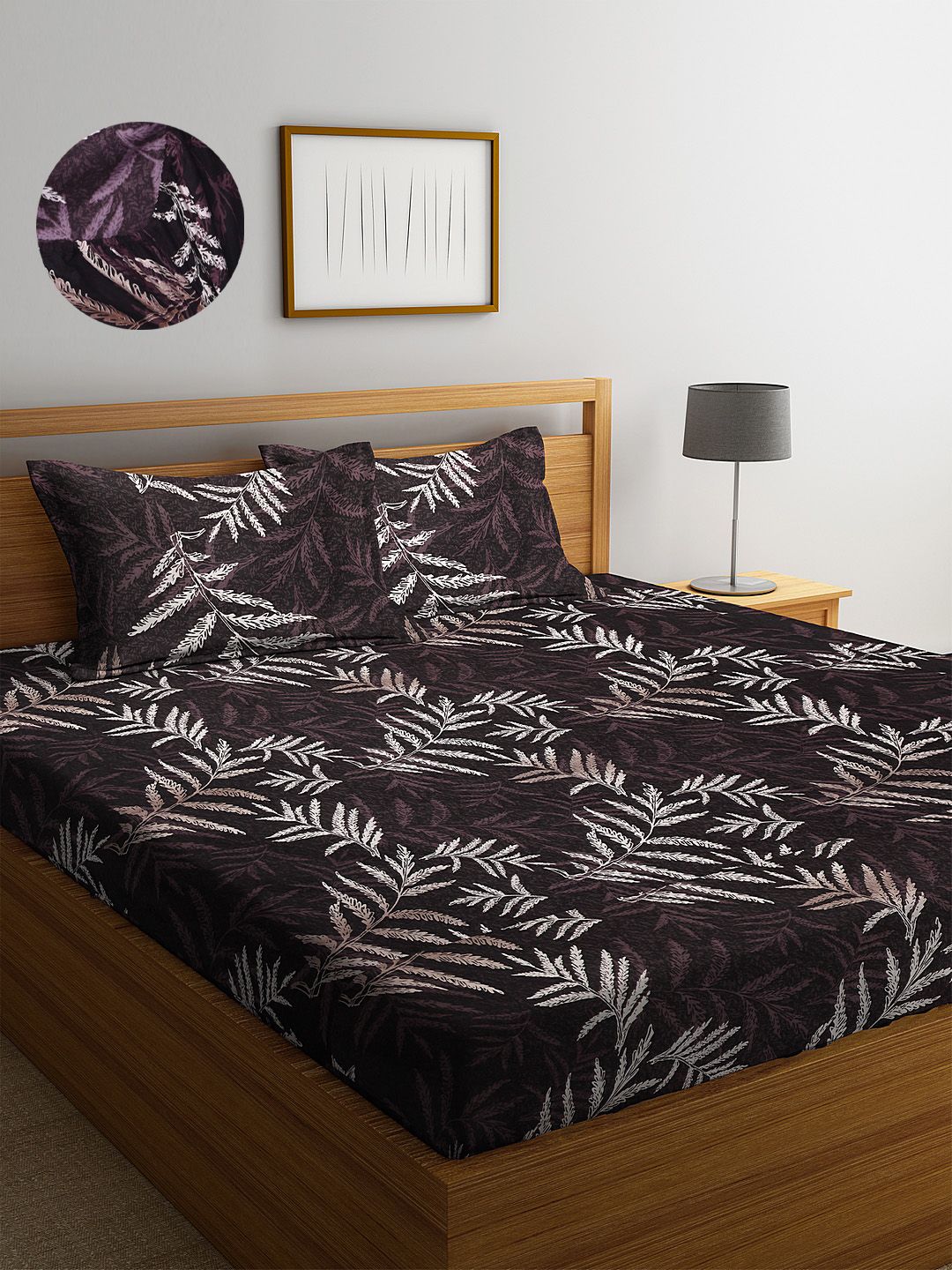 Arrabi Pack of 2 Brown & White Floral 300 TC King Bedsheet with 2 Pillow Covers-picture-21