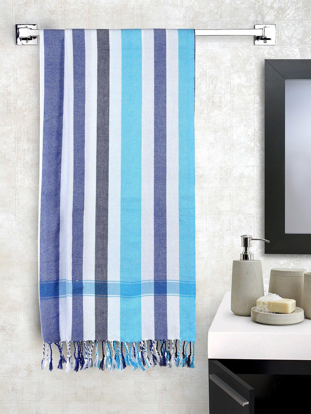 Arrabi Set Of 2 White & Blue Striped 210 GSM Cotton Bath Towels-image-48