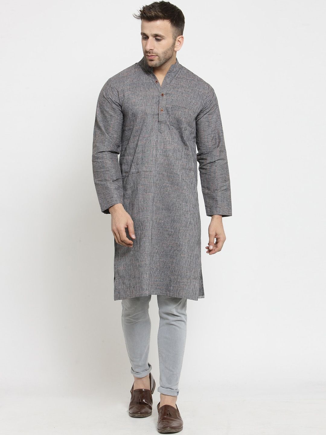 Enchanted Drapes Men Grey Pure Cotton Handloom Kurta-picture-32