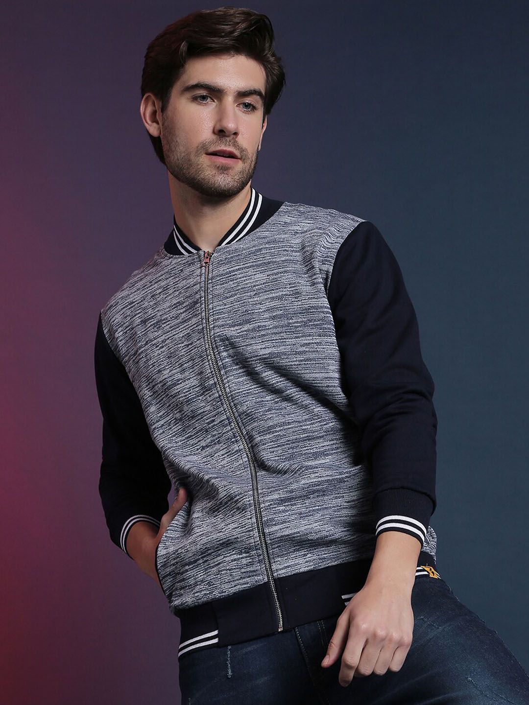 Campus Sutra Men Navy Blue Grey Lightweight Bomber Jacket-picture-12