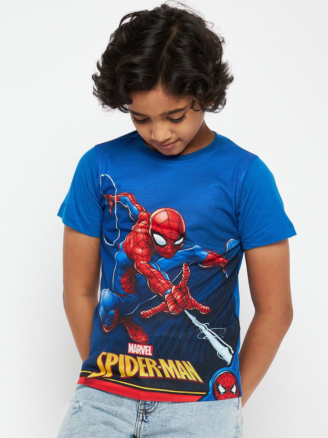 Marvel by Wear Your Mind Boys Blue Printed Spiderman Applique T-shirt-picture-56