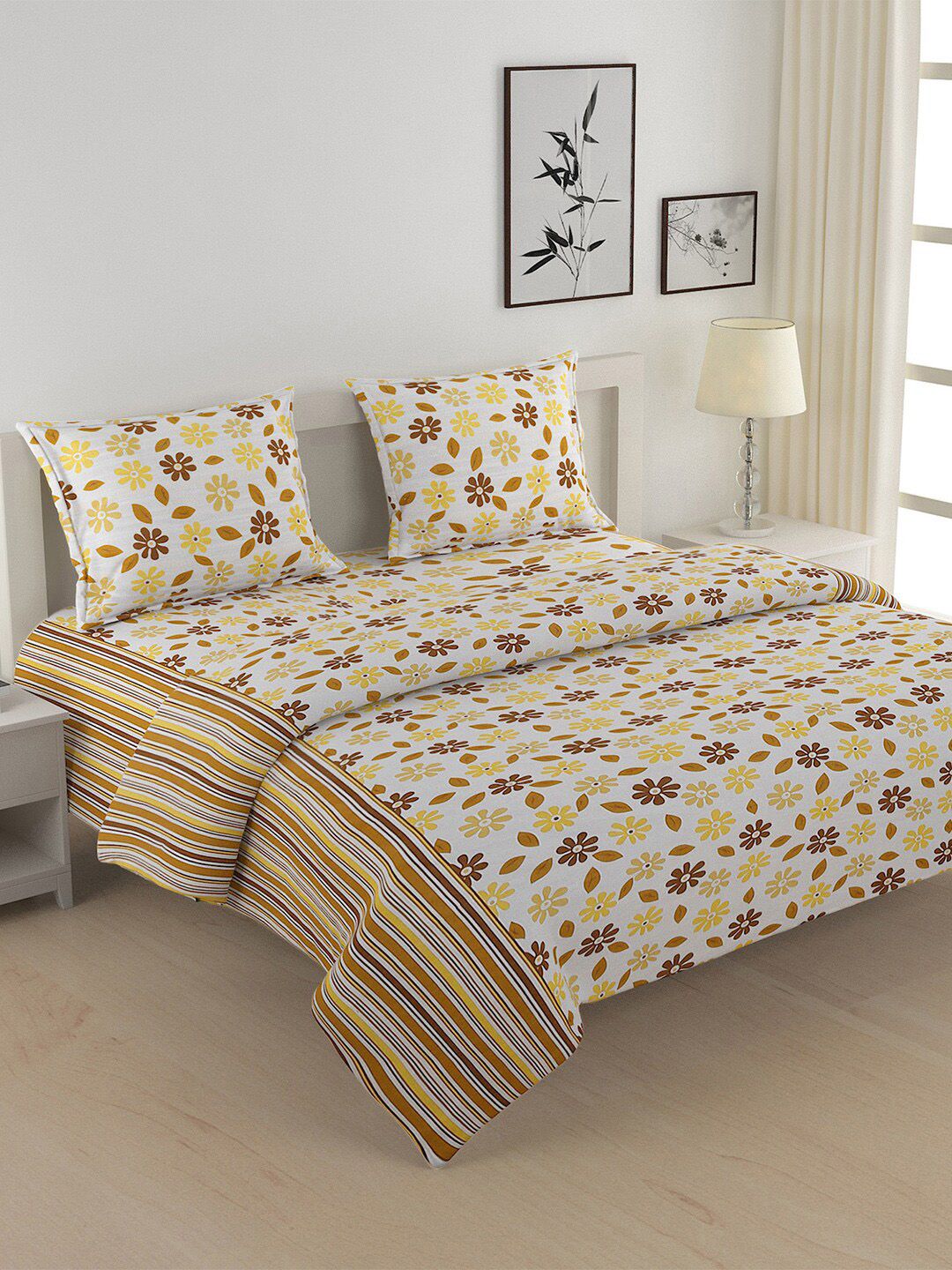 SWAYAM White & Yellow Floral Printed Cotton Superfine Double King Bedding Set-image-34