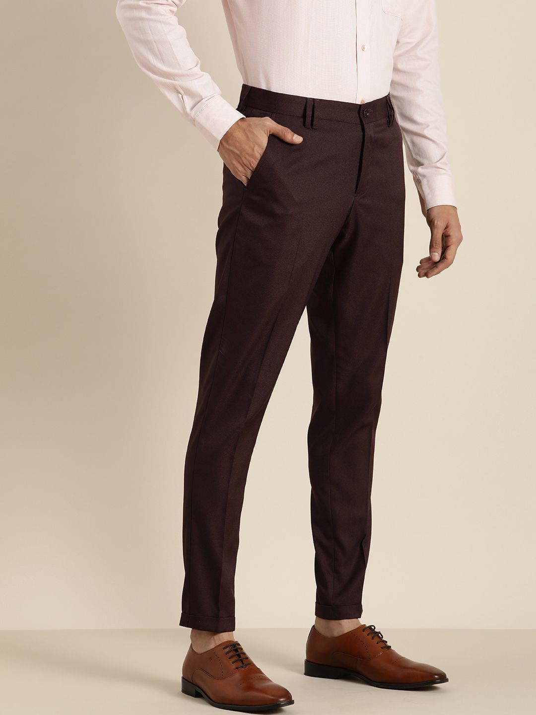 Buy Men Beige Checked Pleated Dobby Strech Slim Fit Formal Trousers online   Looksgudin