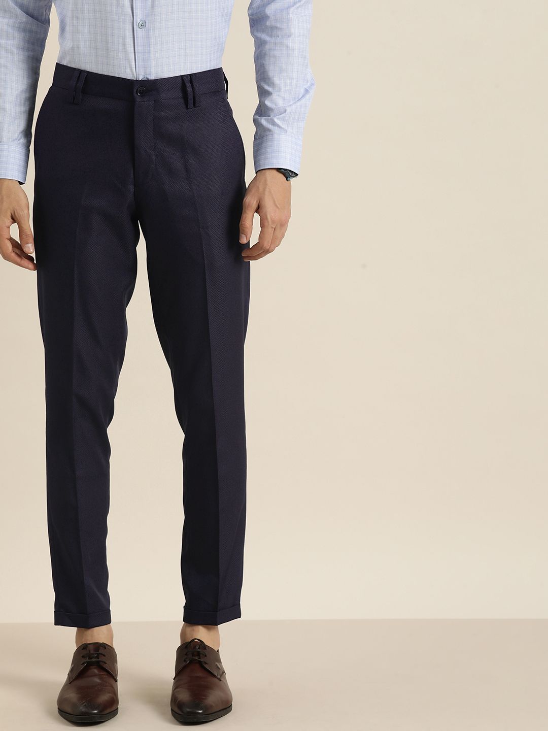 Buy Men Beige  OffWhite Selfdesign Slim Fit Formal Trousers online   Looksgudin