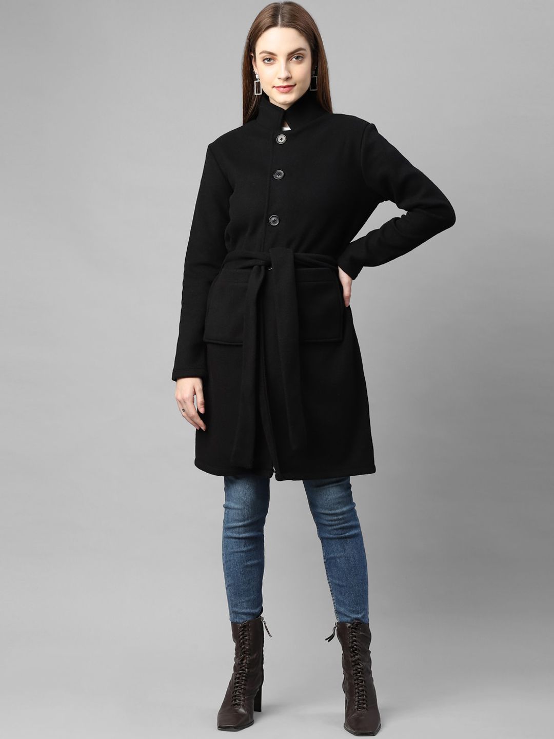 Rigo Women Black Solid Regular Overcoat-picture-10
