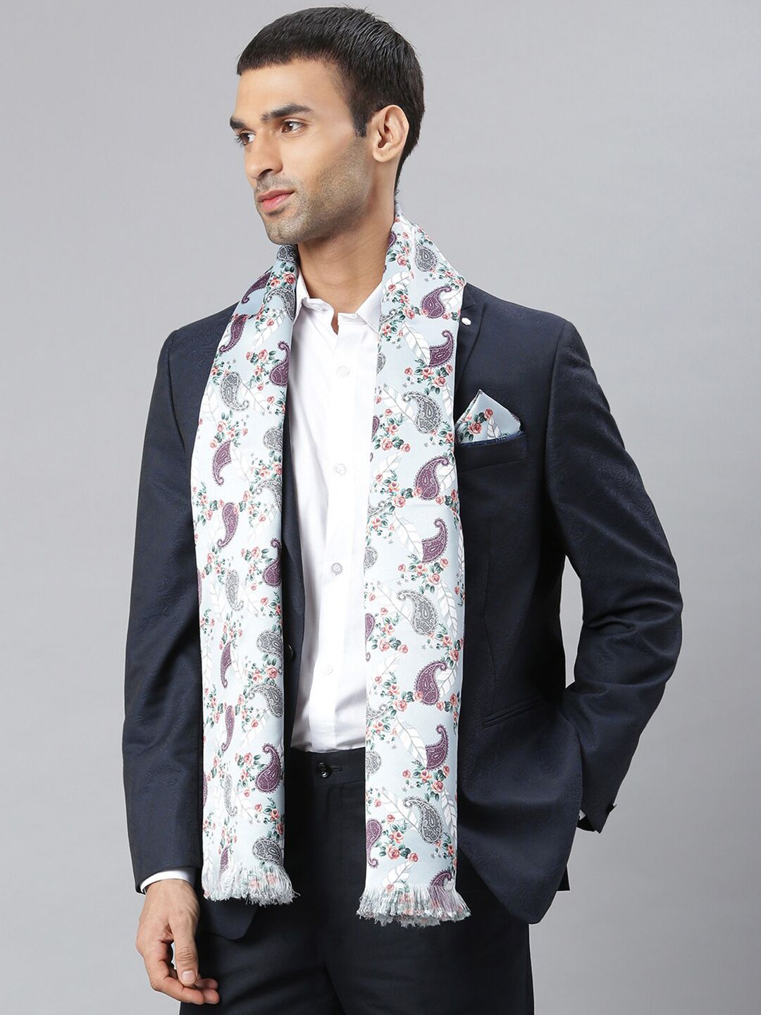 Tossido Men White & Blue Printed Stole & Pocket Square Set-image-6