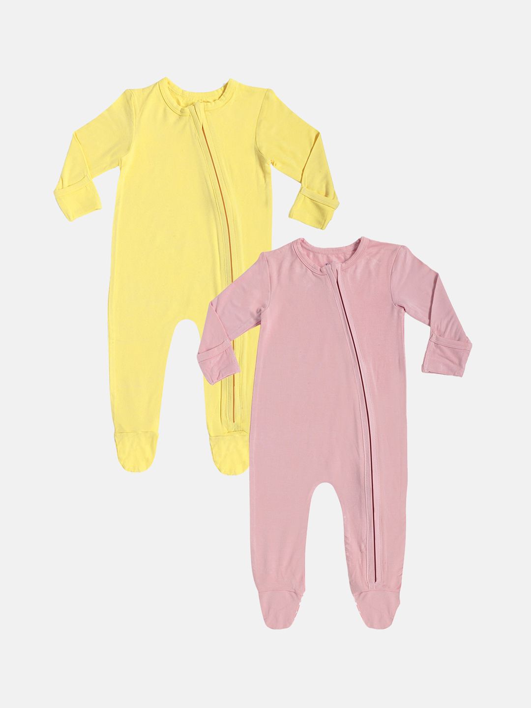 Softsens Infants Yellow & Coral Pack of 2 Bamboo Zipper Sleepsuit-image-2