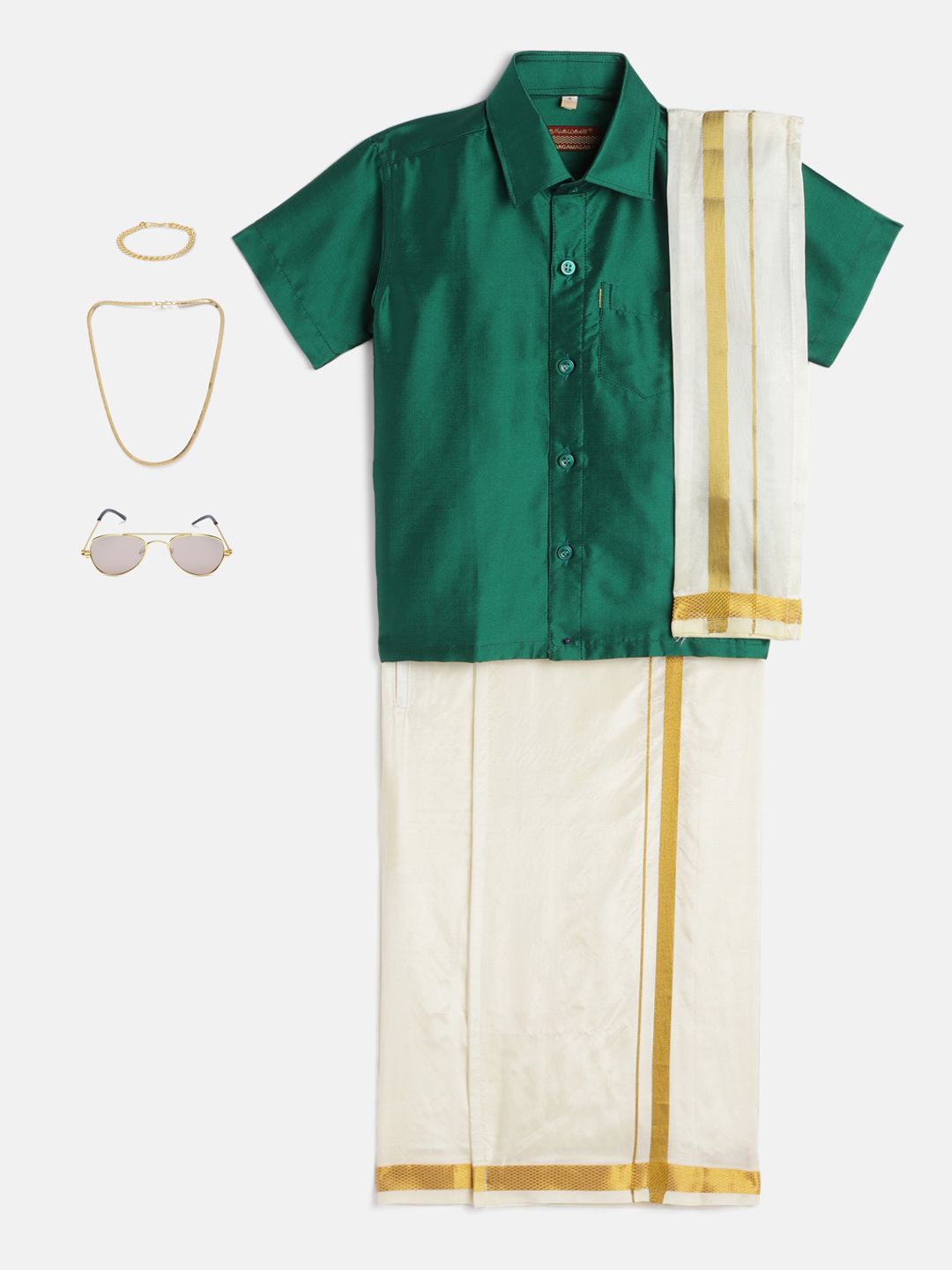 THANGAMAGAN Boys Dark Green Shirt with Self-attaching Dhoti, Towel And Freebies Set-picture-30