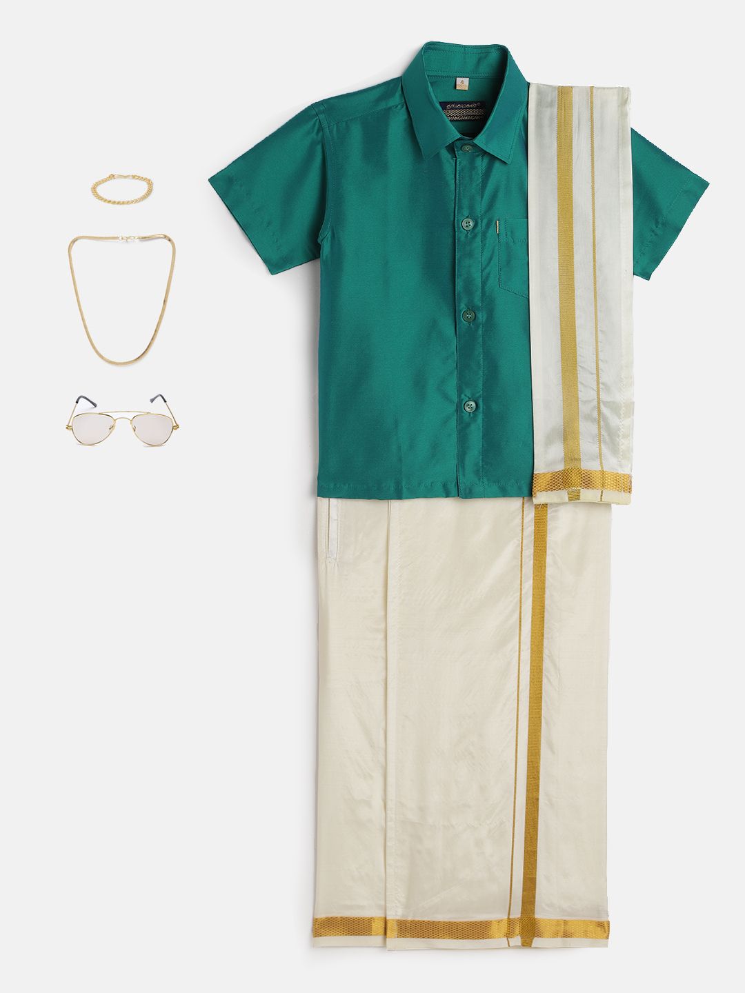 THANGAMAGAN Boys Teal Green & Cream-Coloured Shirt - Lungi - Angavastram & Accessories-picture-56