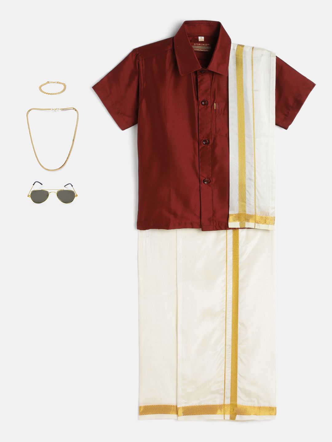 THANGAMAGAN Boys Maroon & Cream-Coloured Shirt - Lungi - Angavastram & Accessories-image-34
