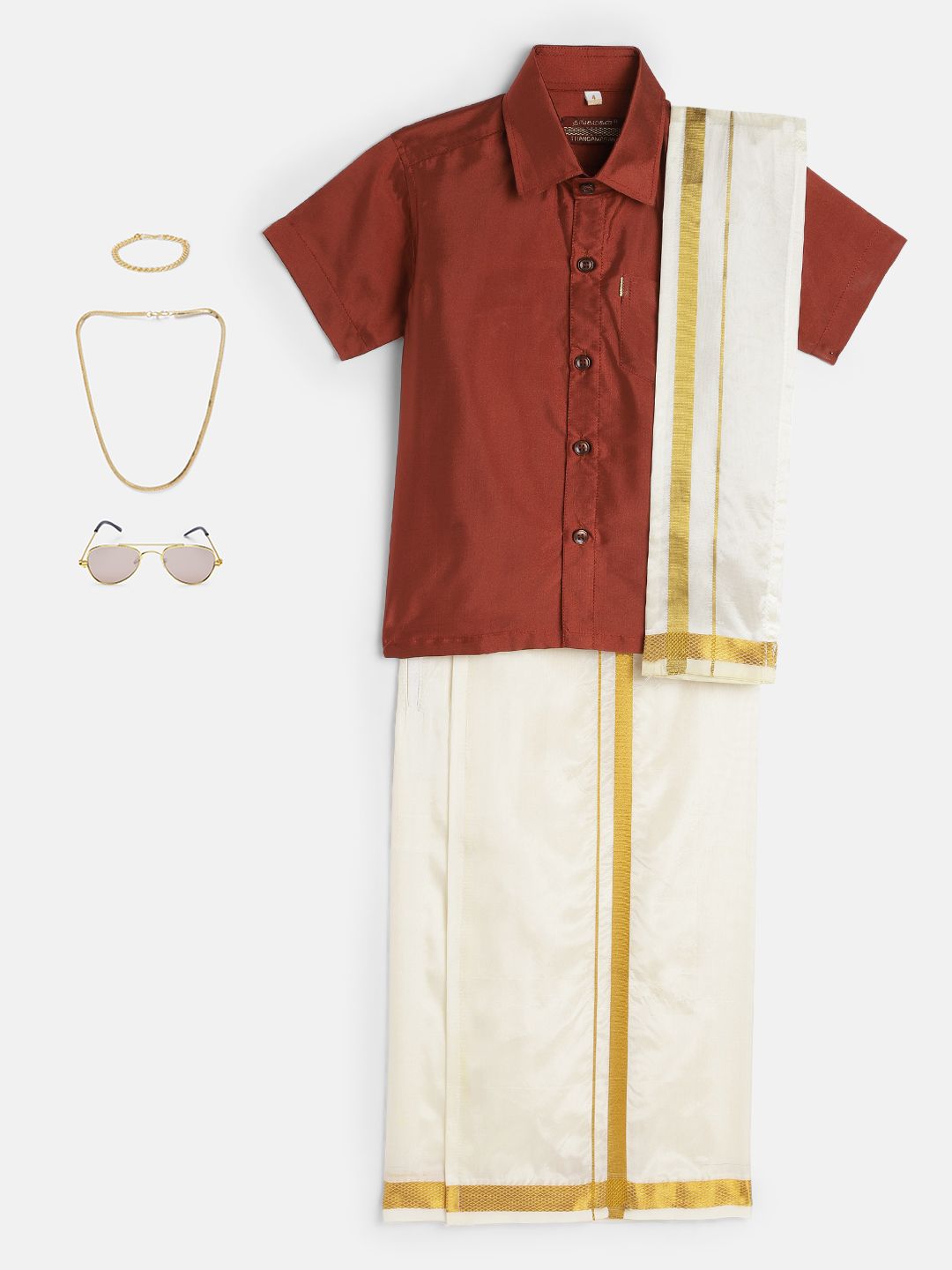 THANGAMAGAN Boys Rust & Cream-Coloured Solid Shirt with Dhoti Pants & Freebies Set-image-1