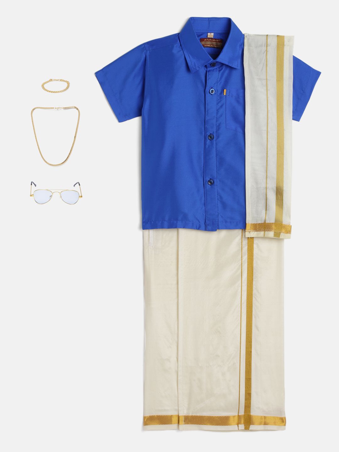 THANGAMAGAN Boys Blue Shirt with Cream-Coloured Dhoti, Towel And Freebies Set-picture-49