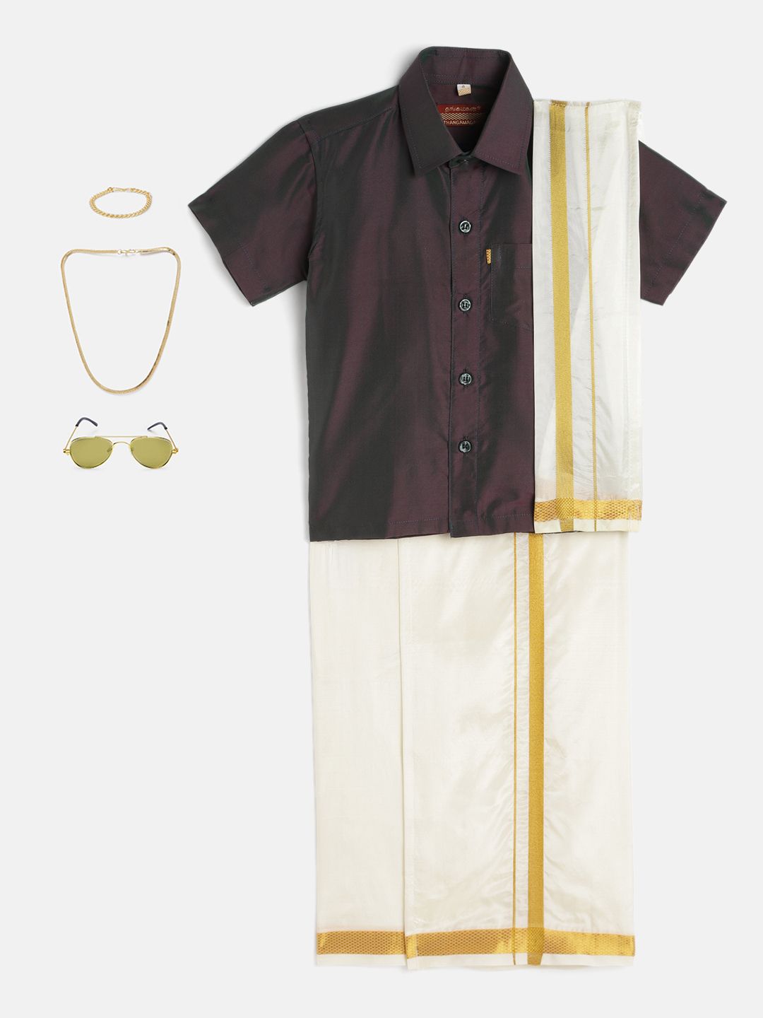 THANGAMAGAN Boys Purple & Cream-Coloured Shirt - Lungi - Angavastram & Accessories-image-35