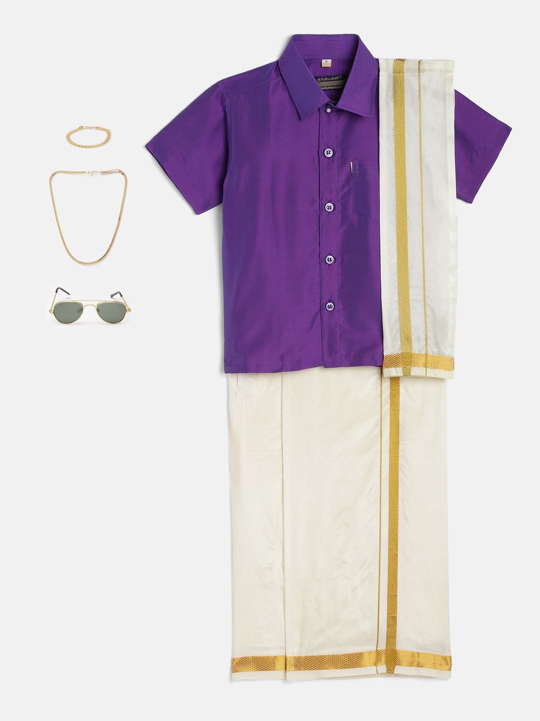 THANGAMAGAN Boys Purple Shirt with Self-attaching Dhoti, Towel And Freebies Set-image-0